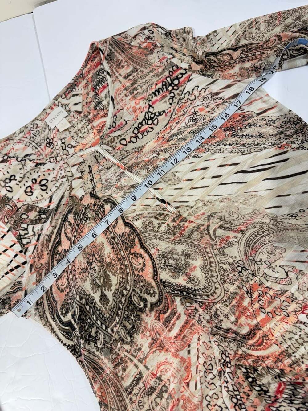 Chico's Size 1 Paisley Print Tie-Front Long Sleeve Top Medium - Picture 3 of 7
